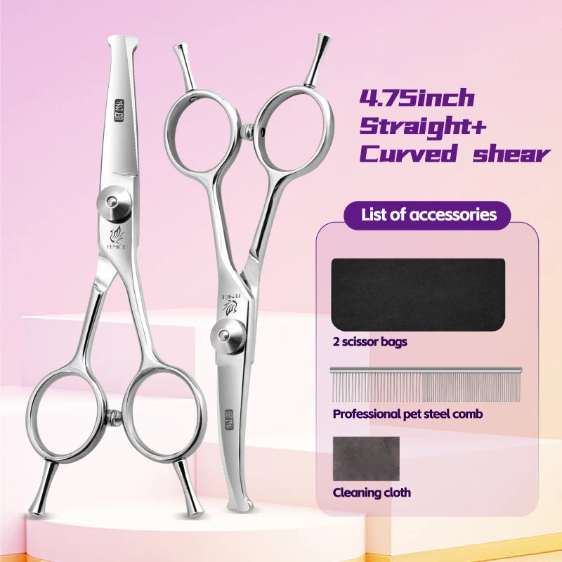 Fenice 4.75 Inch Safety Round Tip Pet Dog Cat Grooming Scissors Straight/Curved/Thinning Shears for Eyes/Face/Foot/Nose