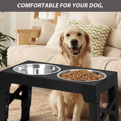 A Pet Feeding Station Featuring Two Stainless Steel Bowls, Designed with an Adjustable Height That Offers Five Different Levels
