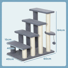 4-Level Cat Stairs - Soft Plush Sisal Scratching Post - Hanging Ball - Gray Pet Tower