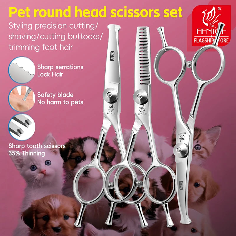 Fenice 4.75 Inch Safety Round Tip Pet Dog Cat Grooming Scissors Straight/Curved/Thinning Shears for Eyes/Face/Foot/Nose