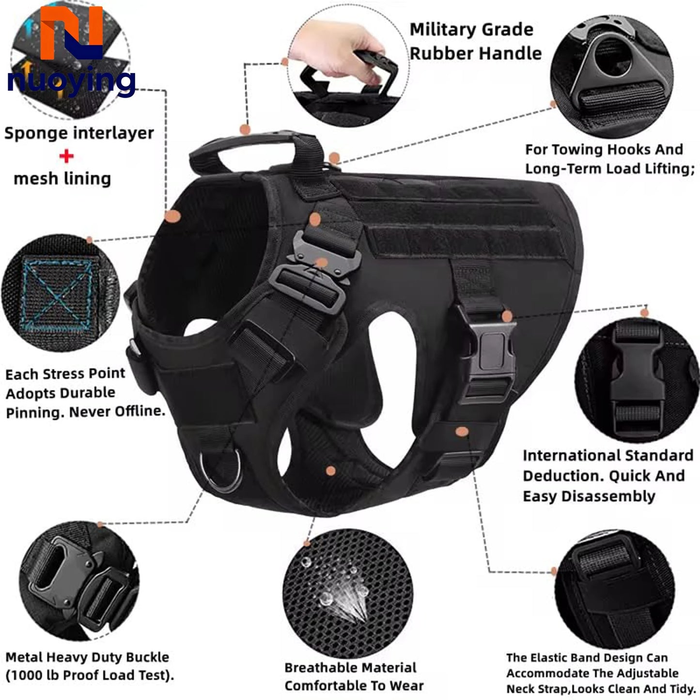 Adjustable Tactical Dog Harness Set, Military Vest with Leash for German Shepherd Golden Retriever, Training Harness All Breeds