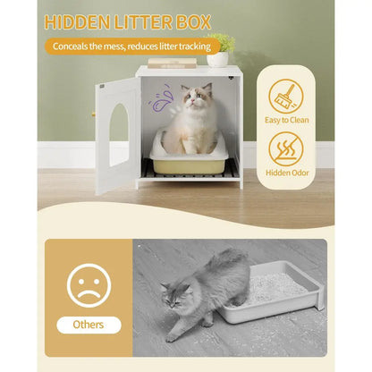 Cat Litter Box Enclosure, 52 cm L Hidden Litter Box Furniture, Wooden Indoor Pet House with Front Arched Door, Side End Table,