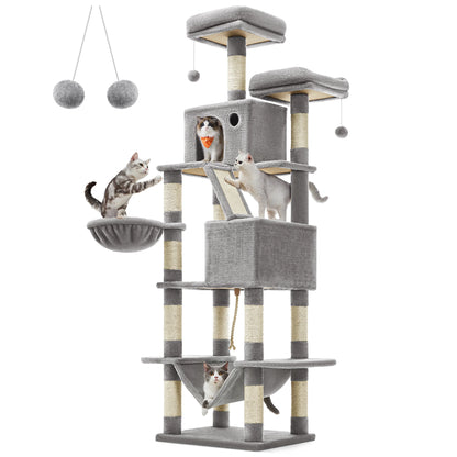Feandrea scratching post Large, 206 cm High, XXL Cat Tree, with 13 Scratching Pillars, 2 Platforms, 2 Caves Basket hammock Plush balls