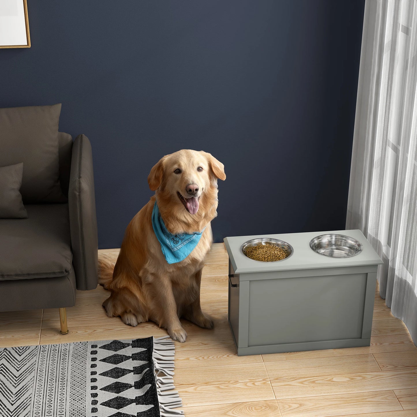 Pawhut Elevated Feeder for Large Dogs with 2 2000ml Bowls and Hidden Storage 60X30X41 cm Gray