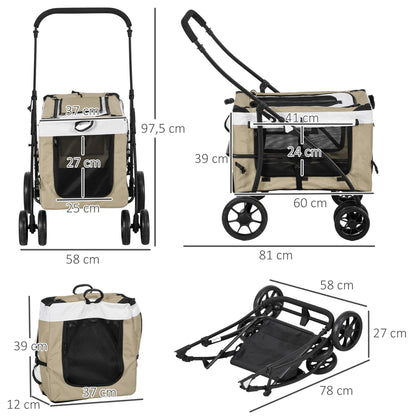 Pawhut Foldable Dog Stroller with Detachable Wagon 4 Doors with Zipper 2 Safety Straps and Cushion Khaki