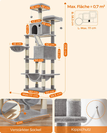 Feandrea scratching post Large, 206 cm High, XXL Cat Tree, with 13 Scratching Pillars, 2 Platforms, 2 Caves Basket hammock Plush balls