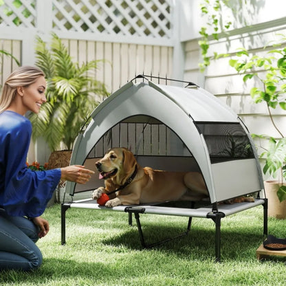 Portable Elevated Dog Bed with Removable Canopy, Cooling Raised Pet Cot for Medium Large Dogs, 92 x 75 x 89 cm