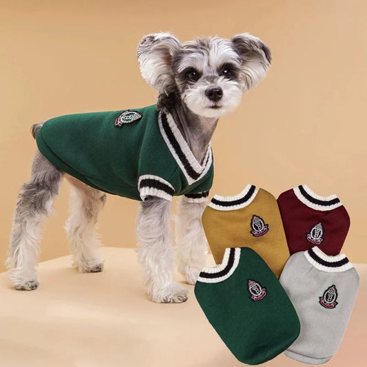 Winter Warm Pet Dog Sweater - College Style V-Neck Knitwear Vest for Small Dogs