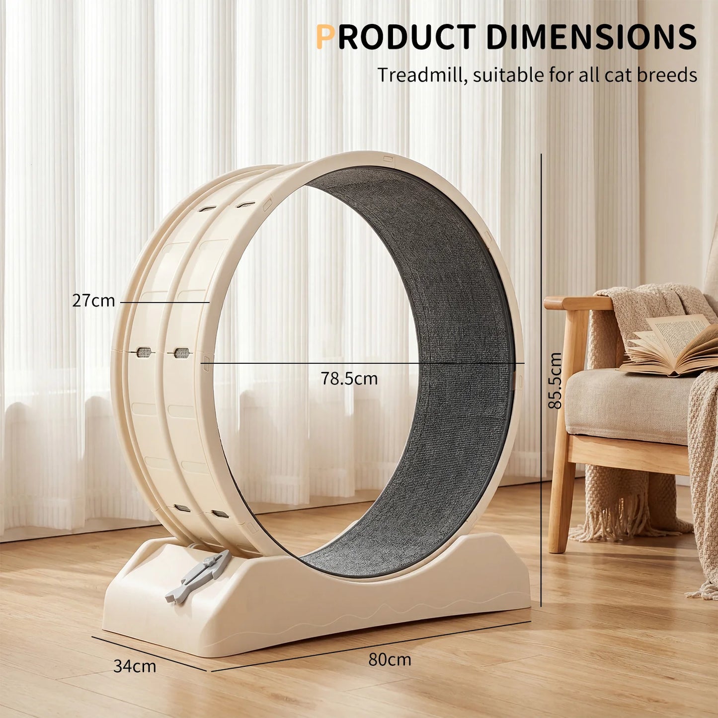 Cat Running Exercise Wheel Treadmill, Ultra-Quiet Safety Cat Training Toy, Removable Carpeted Runway for Running & Scratching 85.5*80*33.5cm