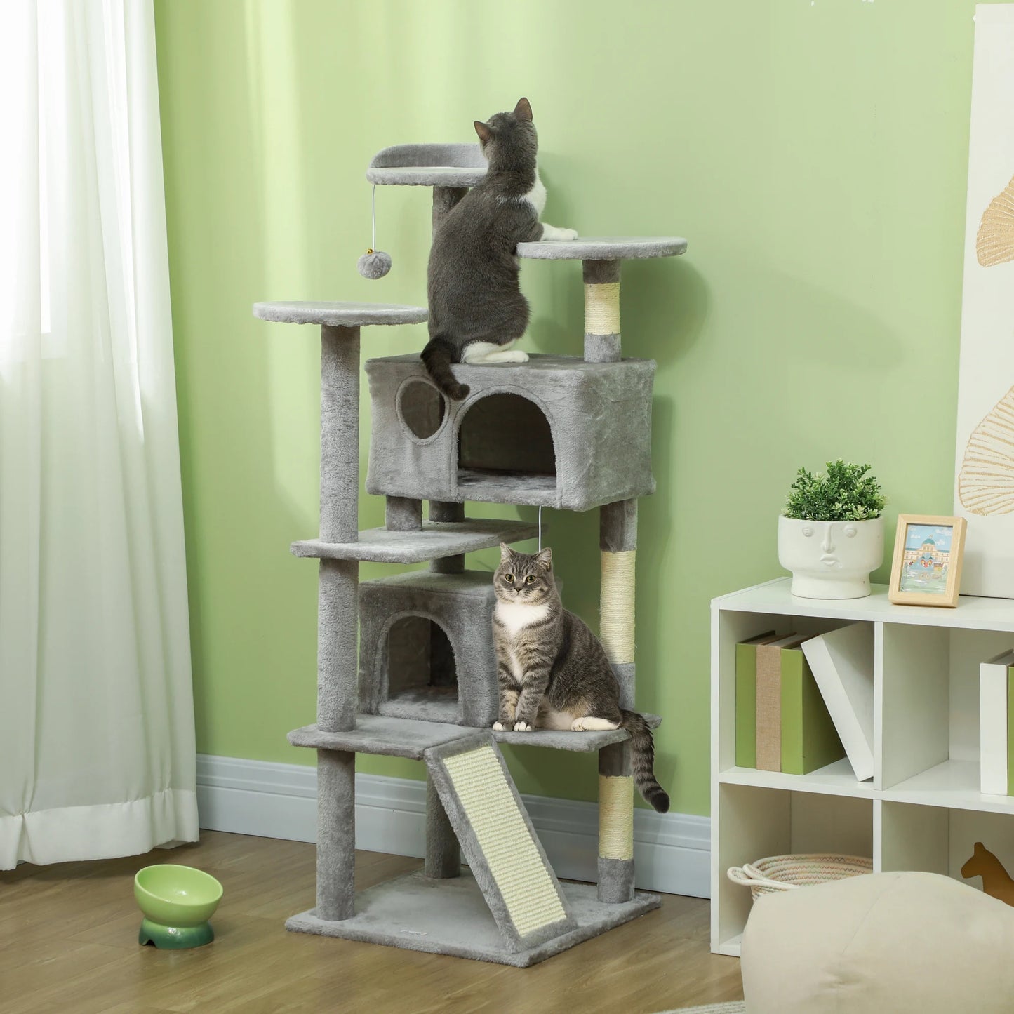 Pawhut Cat Scratching Post Height 138 cm Cat Tree with Multiple Levels Caves Hanging Balls and Hammocks Light Gray
