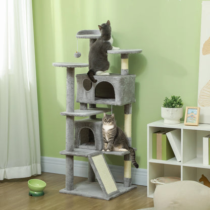 Pawhut Cat Scratching Post Height 138 cm Cat Tree with Multiple Levels Caves Hanging Balls and Hammocks Light Gray