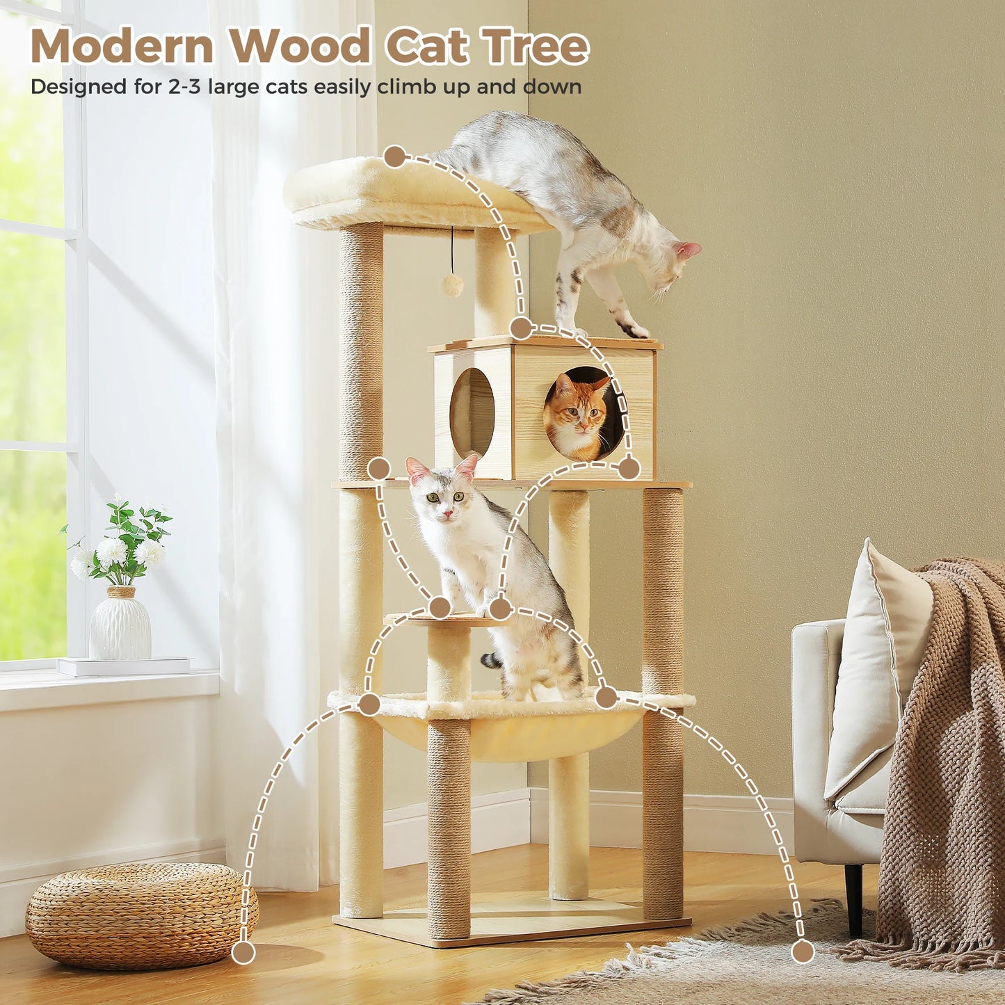 Wood Cat Tree with Spacious Condo Cozy Hammock Sisal Scratching Posts Multi-Level Tall Cat Tower for Indoor Large Cat Furniture