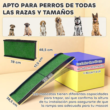 Pawhut Dog Ramp with Artificial Grass 155 cm Foldable Dog Ramp for Car with Handle Adjustable Angle Green