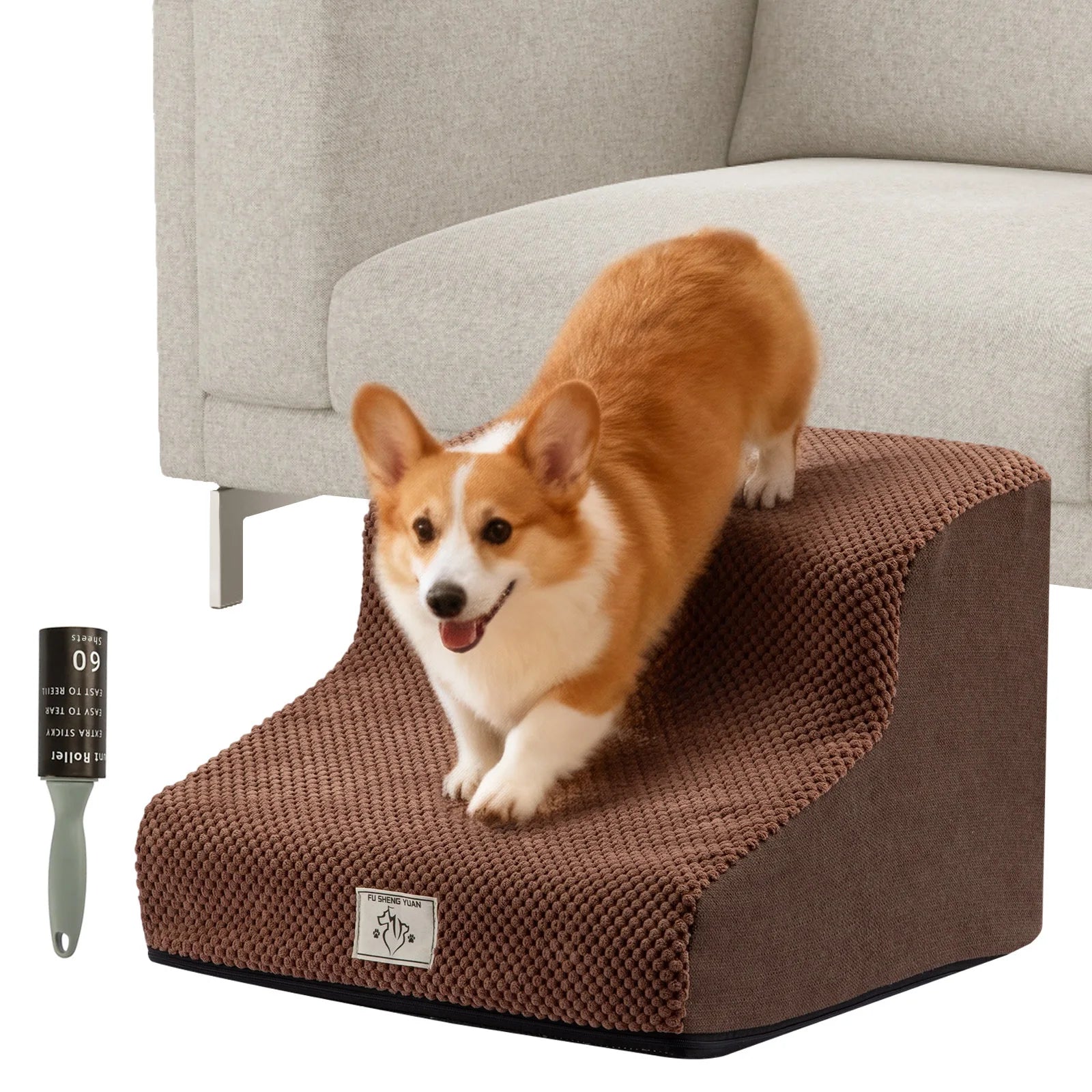 Foam Dog Stairs 3-Step - High Density Pet Ramp - Washable Cover - Non-Slip Bed Sofa Access