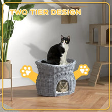 Wicker Cat House – 2-Tier Elevated Cat Bed with Washable Cushions, Pet Basket & Cat Den, 56 × 37 × 40 cm