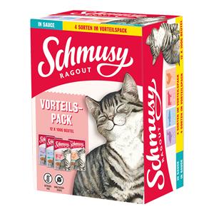 Katzenfutter nass Ragout in Sauce – Huhn, Rind, Lachs, Ente, 48 x 100 g – Schmusy