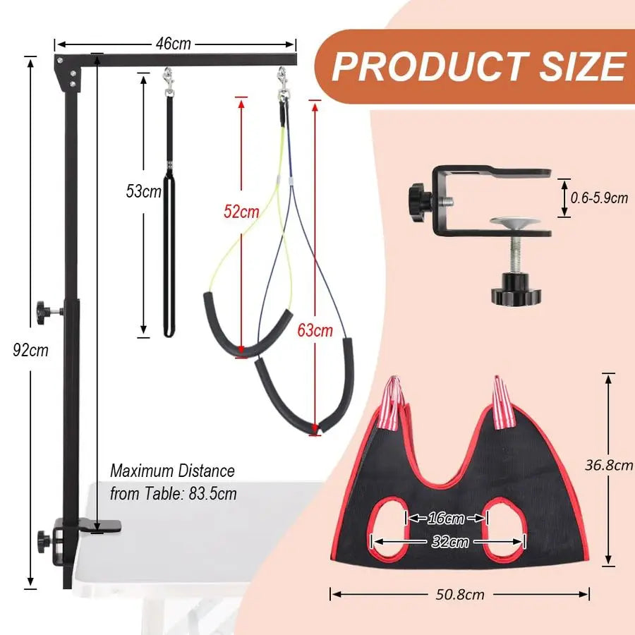 Grooming Arm with Clamp, Adjustable Dog Grooming Table Arm with Two No Sit Haunch Holder amp Hammock Harness, Foldable Pet Groo