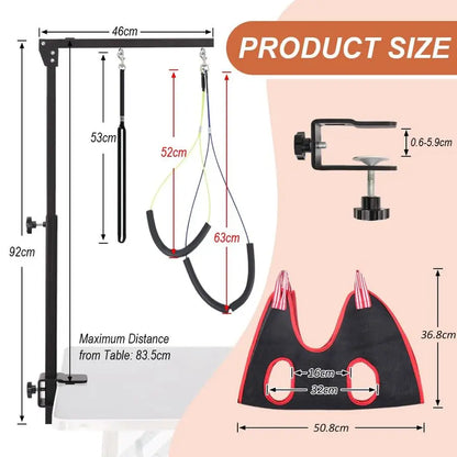Grooming Arm with Clamp, Adjustable Dog Grooming Table Arm with Two No Sit Haunch Holder amp Hammock Harness, Foldable Pet Groo