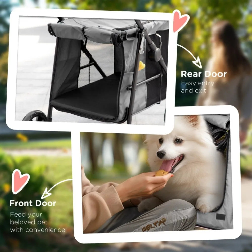 Foldable Pet Stroller One Click Dog Pushchair Cat Travel Carriage w/ EVA Wheels, Mesh Windows for Small Pets, Grey