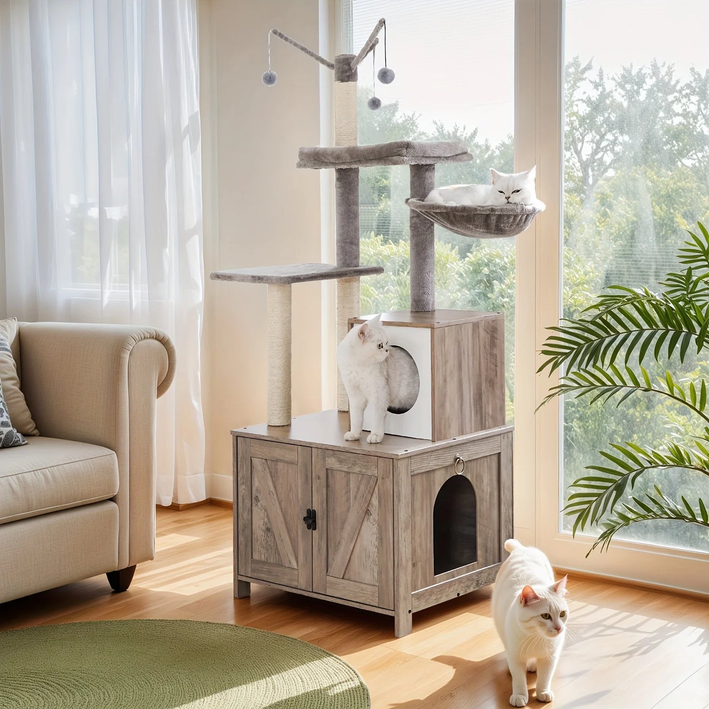 Cat Tree with Litter Box Enclosure, Hidden Pet Washroom Furniture with Sisal Scratching Post, Hammocks, Condo, Multi-Level Platform, Soft Plush Perch, Gray