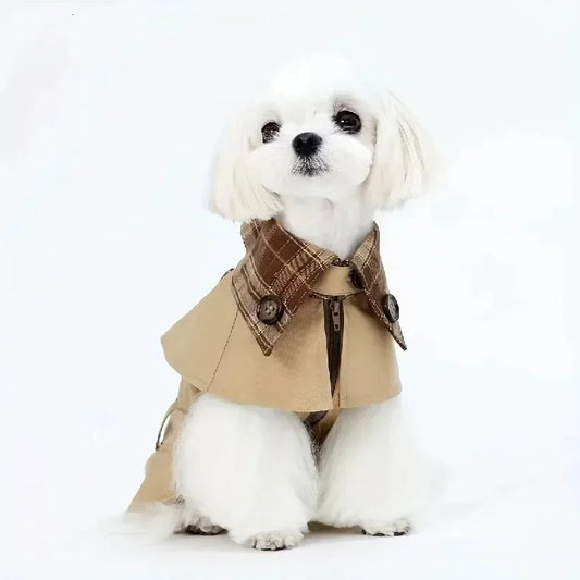 British Style Dog Coat - Beige Brown Plaid Adjustable Strap Winter Outerwear for Dogs