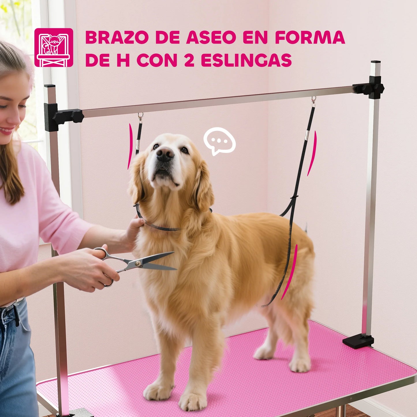 Pawhut Foldable Dog Grooming Table, Grooming Table with Metal Mesh Basket, Non-Slip Countertop, Adjustable Stainless Steel Bar, for Dogs, Cats, 107X60X164 Cm, Pink