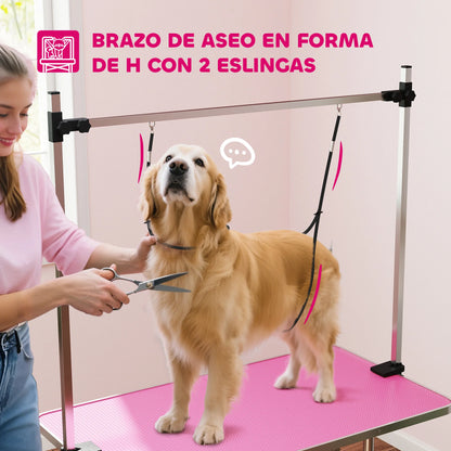 Pawhut Foldable Dog Grooming Table, Grooming Table with Metal Mesh Basket, Non-Slip Countertop, Adjustable Stainless Steel Bar, for Dogs, Cats, 107X60X164 Cm, Pink