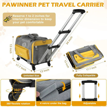 Pet Carrier with Wheels for Cats and Dogs Airline Approved, Large Cat Stroller Detachable Foldable Dog Trolley with Washable Pa