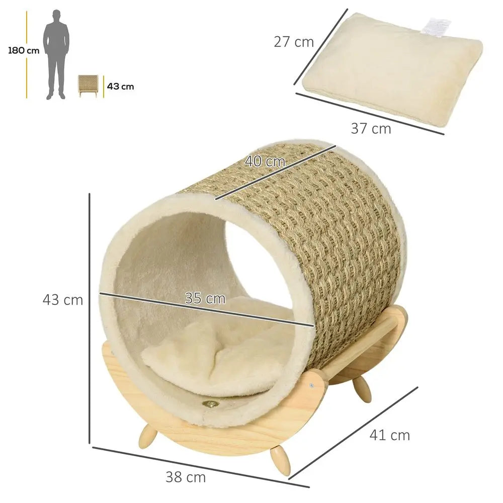 Raised Cat House Kitten Bed Pet Shelter Wrapped with Scratcher Soft Cushion, 41 x 38 x 43 cm, Beige