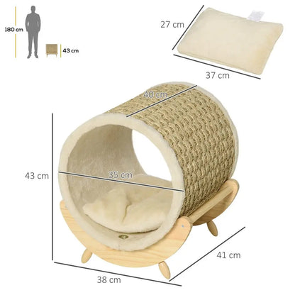 Raised Cat House Kitten Bed Pet Shelter Wrapped with Scratcher Soft Cushion, 41 x 38 x 43 cm, Beige
