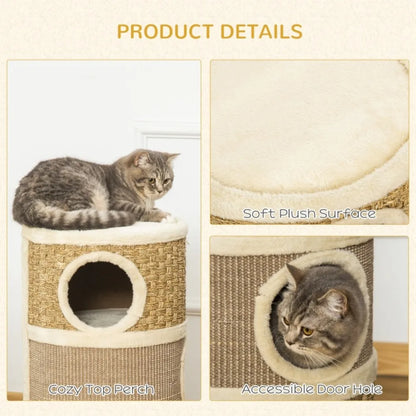 Cat Scratching Barrel Kitten Tree Tower Pet Furniture Climbing Frame Covered with Sisal&Seaweed Rope Cozy Platform Soft Plush