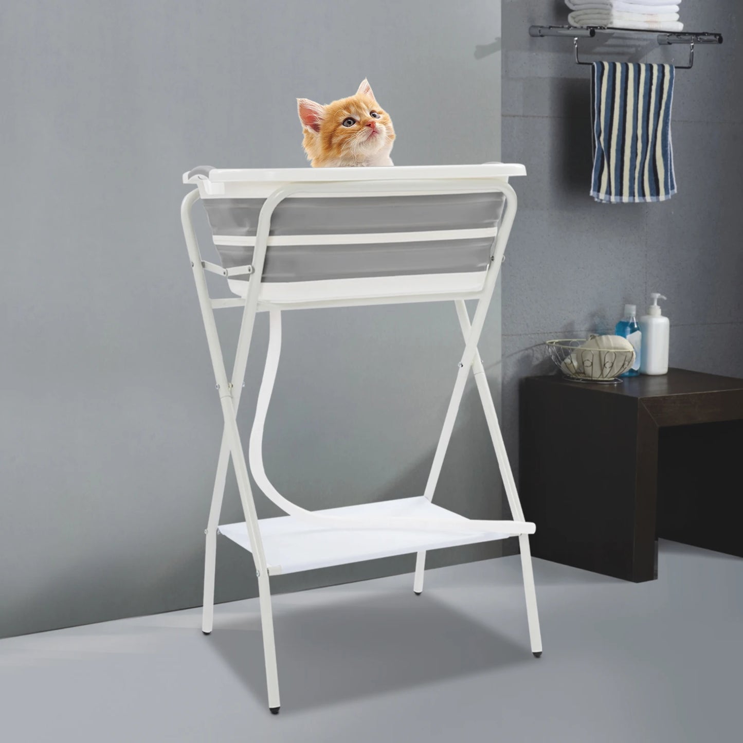 Foldable Small Pet Bathtub with Stand And Drainage Tube - Safety Belt Smooth Edge Storage Rack for Easy Cleaning And Use