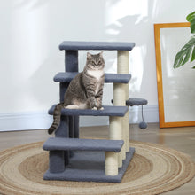 4-Level Cat Stairs - Soft Plush Sisal Scratching Post - Hanging Ball - Gray Pet Tower