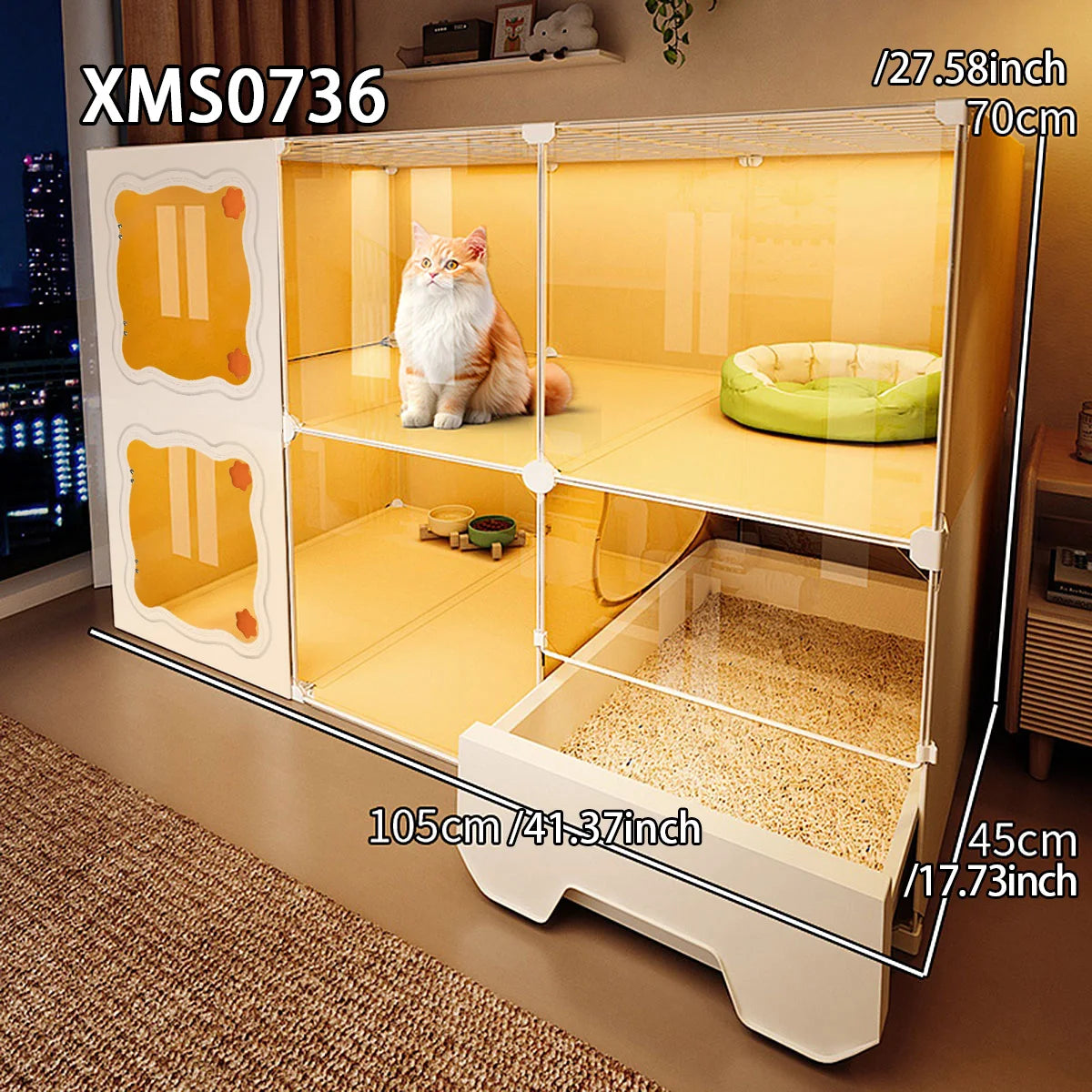 Cat Cage with Drawer-Style Litter Box, Indoor Cat House with Toilet, Cat Cabinet, Cat Villa with One Bedroom, One Living Room, and One Bathroom