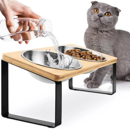 Elevated Cat Bowls Pet Feeder 15° Tilted Raised Cat Food Bowls with Wooden Stand Set of 2 Stainless Steel Bowl