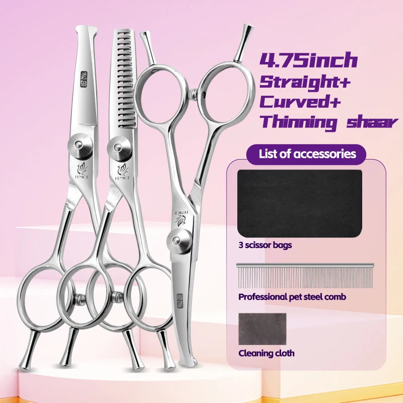 Fenice 4.75 Inch Safety Round Tip Pet Dog Cat Grooming Scissors Straight/Curved/Thinning Shears for Eyes/Face/Foot/Nose