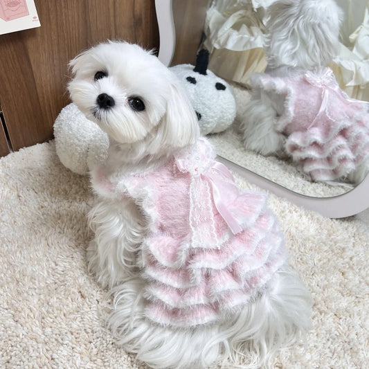 Knitted Pet Dress - Autumn Winter Puff Skirt Sweater for Small Dogs Cats Puppies