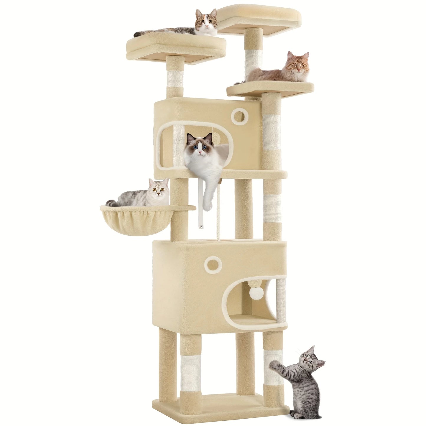 HZUANERI 180cm Multi-Level Cat Tree with 8 Scratching Posts, 3 Platforms, 2 Dens, Basket & Plush Balls - Durable Sisal Rope for Indoor Cats of All Sizes, Space-Saving Design for Climbing, Resting & Play, Cat Climbing Tower, Pet Activity Center, Modern Pet