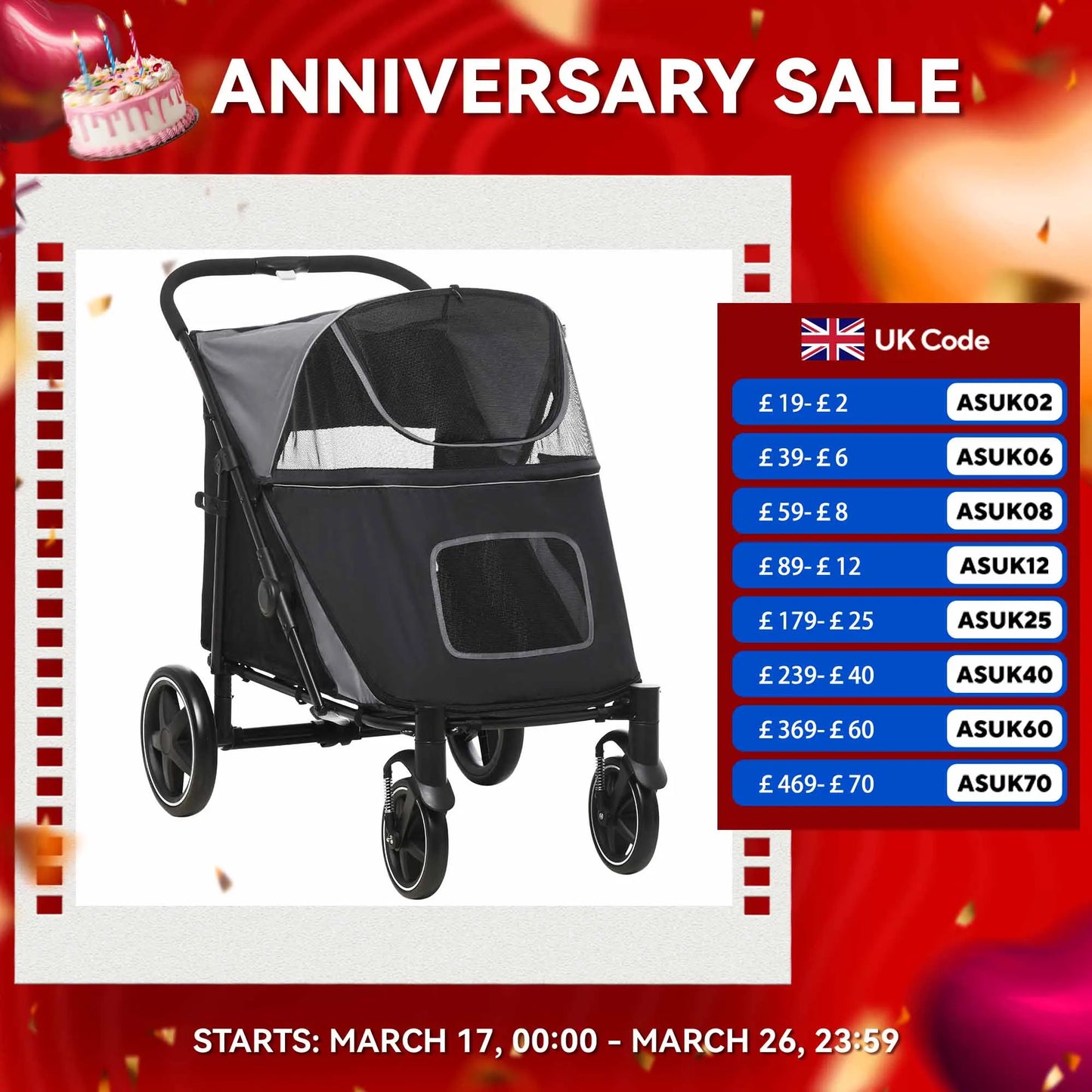 PawHut Foldable Dog Carriage w/ Universal Wheels, Shock Absorber