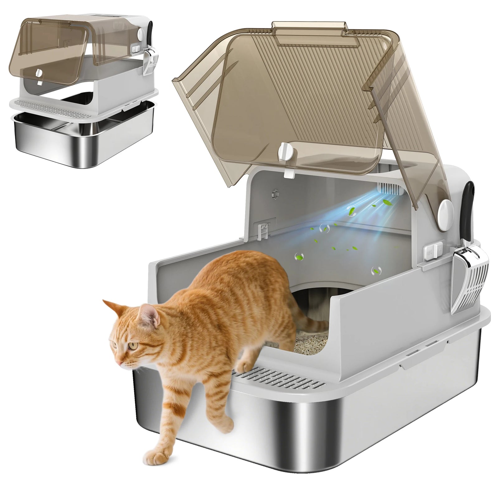 XXL Stainless Steel Cat Litter Tray, Enclosed Cat Litter Box with 90° Flip Cover, Double Doors, Scoop, Easy Clean, Grey