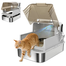 XXL Stainless Steel Cat Litter Tray, Enclosed Cat Litter Box with 90° Flip Cover, Double Doors, Scoop, Easy Clean, Grey