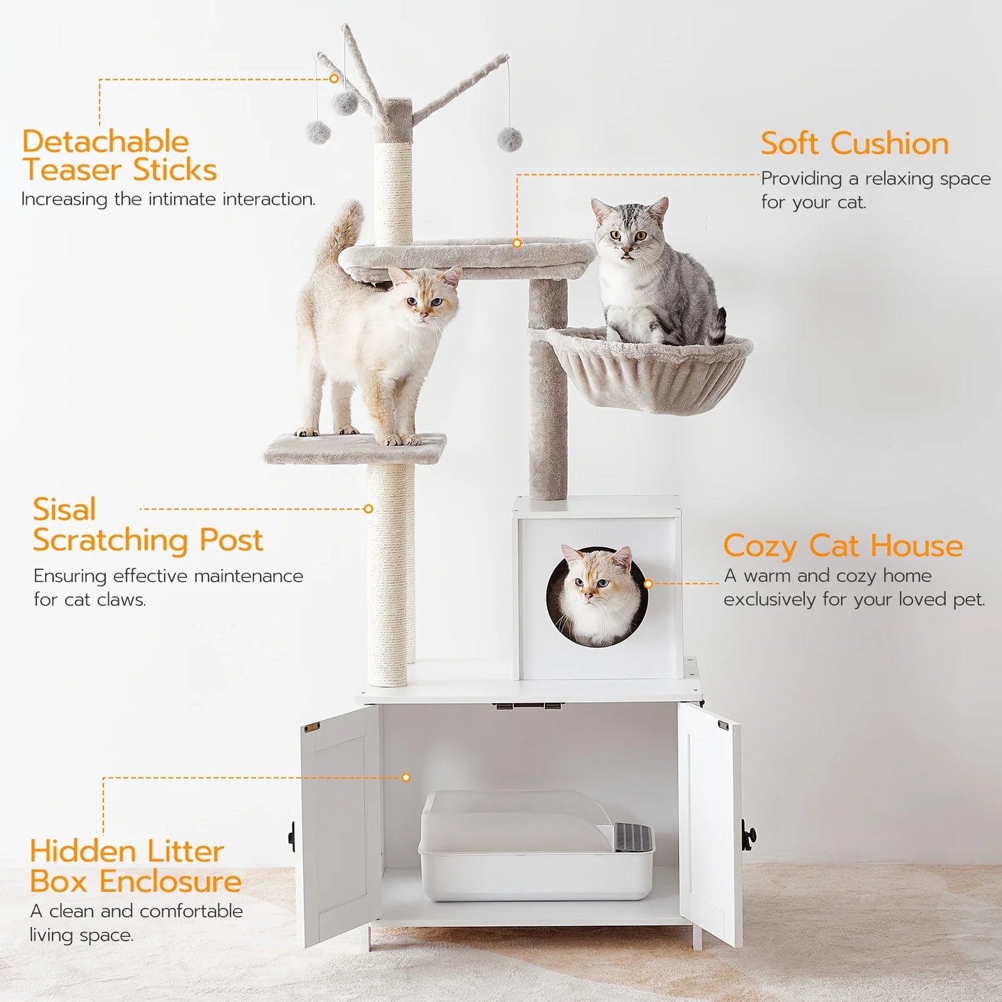 Cat Tree with Litter Box Enclosure, Hidden Pet Washroom Furniture with Sisal Scratching Post, Hammocks, Condo, Multi-Level Platform, Soft Plush Perch, Gray