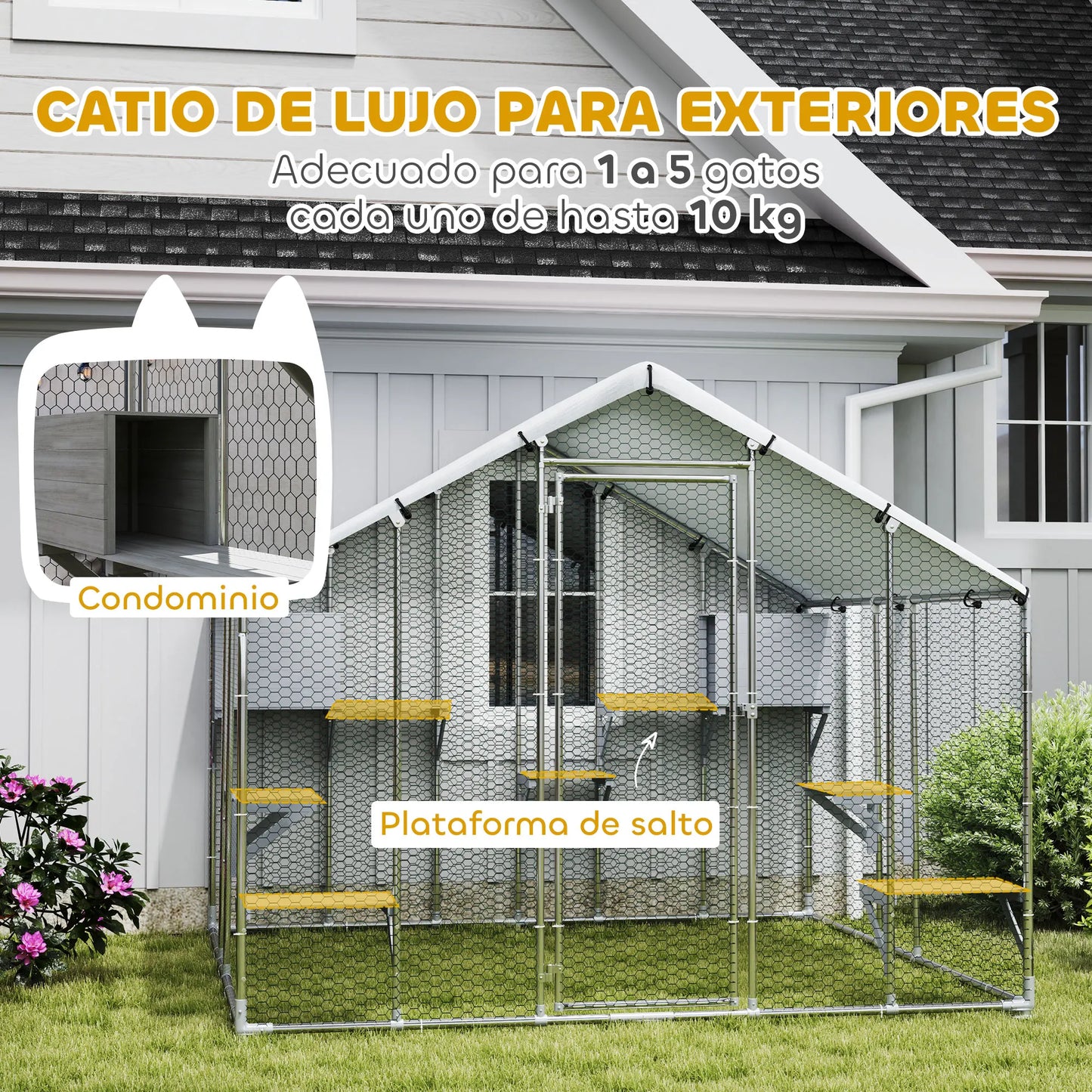 Pawhut Large Outdoor Cat Cage with 2 Houses and 7 Jumping Platforms Waterproof and Anti-Uv Cover 240X193X195 cm