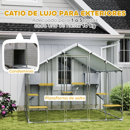 Pawhut Large Outdoor Cat Cage with 2 Houses and 7 Jumping Platforms Waterproof and Anti-Uv Cover 240X193X195 cm