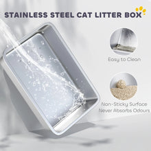 PINGGO High Sided Stainless Steel Litter Box, Metal Cat Litter Tray with Metal Scoop, Litter Mat, Never Absorbs Odors, Grey