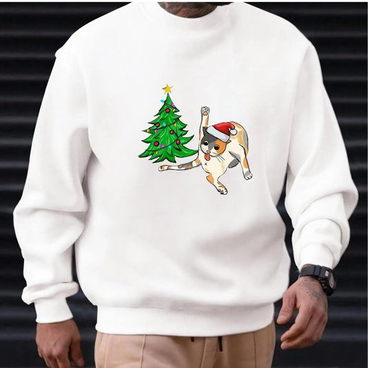 Olive Green Christmas Sweater - Cat Dog Graphic Festive Casual Men's Holiday Pullover