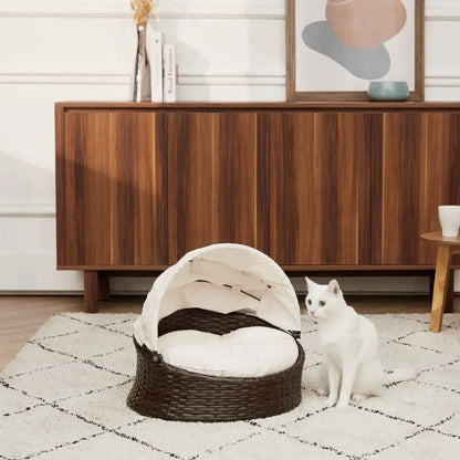 Pets Clotho Indoor Outdoor Rattan Cat or Small Dog Bed Lounger with Retractable Canopy amp Removeable Washable Cushion Brown Cr
