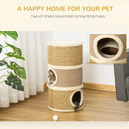 Cat Scratching Barrel Kitten Tree Tower Pet Furniture Climbing Frame Covered with Sisal&Seaweed Rope Cozy Platform Soft Plush