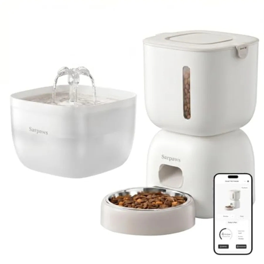 WiFi Automatic Cat Feeder and Water Fountain Set for Home Use 304 Stainless Steel Bowl Silver App Control + Voice Recording + S