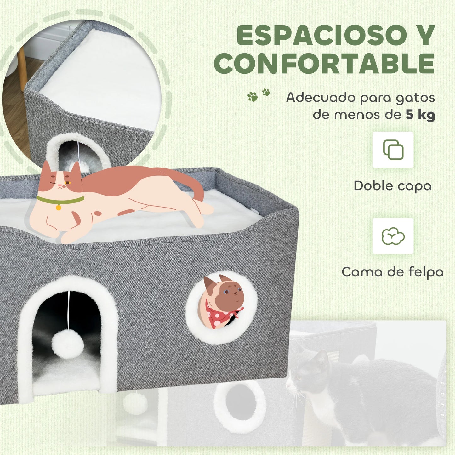 Pawhut Foldable Cat House with Scratching Post 3 Entrances Hanging Ball Reversible Cushion in Plush and Linen Type 60X40X34 cm Gray